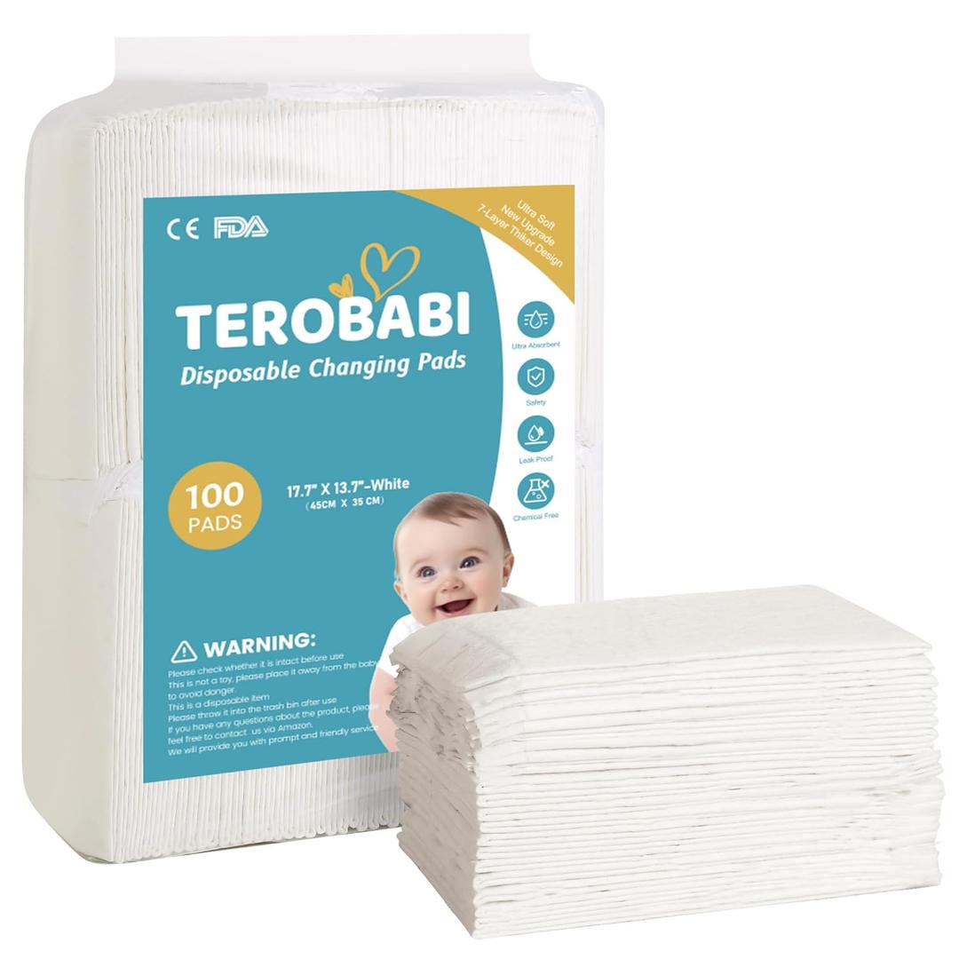 Disposable Changing Pads for Baby, 100 Pack 17.5"x13.5" Ultra Absorbency Diaper Changing Pad Liners, Baby Breathable Disposable Underpads Bed Pad Incontinence Pads, Leak-Proof Portable Baby Pads,White