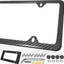 FBJTDQ Carbon Fiber License Plate Frame- Stainless Steel Car Tag Holder Wrapped with Real Carbon Fiber, 4 Hole Slim Design, Anti-Theft Screws Caps, Rattle-Proof Pad, 1 Pack for Front or Rear