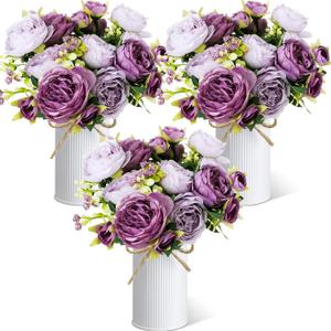 Solsew 3 Sets Artificial Peonies Flower Peony Bouquet with Galvanized Metal Pot Silk Fake Peonies Faux Flower Arrangements for Wedding Table Centerpiece Party Home Room (Purple)