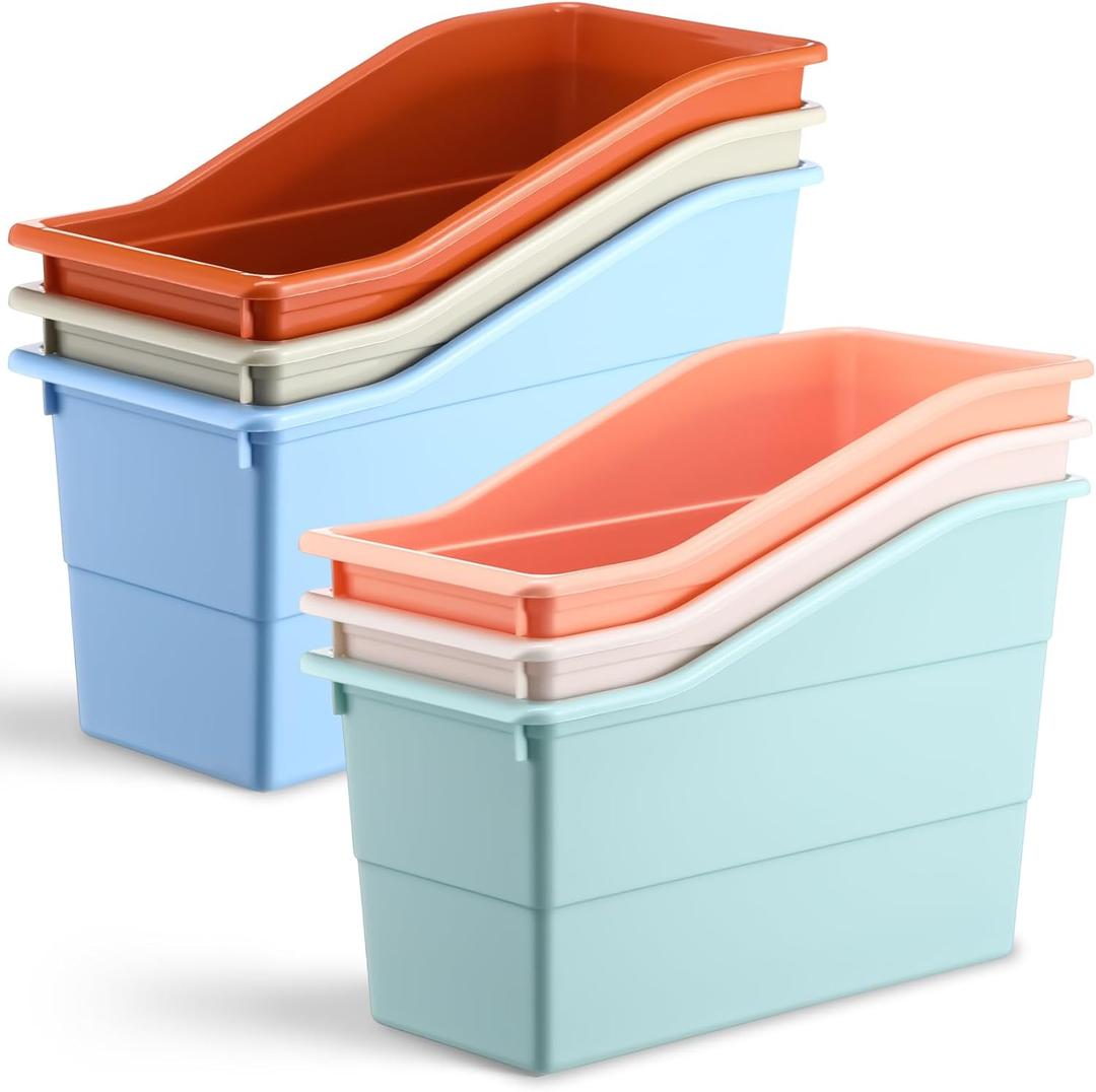 Affrolling 6 Packs Book Bins for Classroom Plastic Book Binder Holders Vertical Organizer Baskets Storage Boxes for Classroom Library Home Office Organization Stationery Supplies (Light Colors)