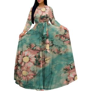 SUZONANA Plus Size Maxi Dresses for Curvy Women Floral Print Dress 3/4 Sleeve Crewneck Floor Length with Belt (Large)