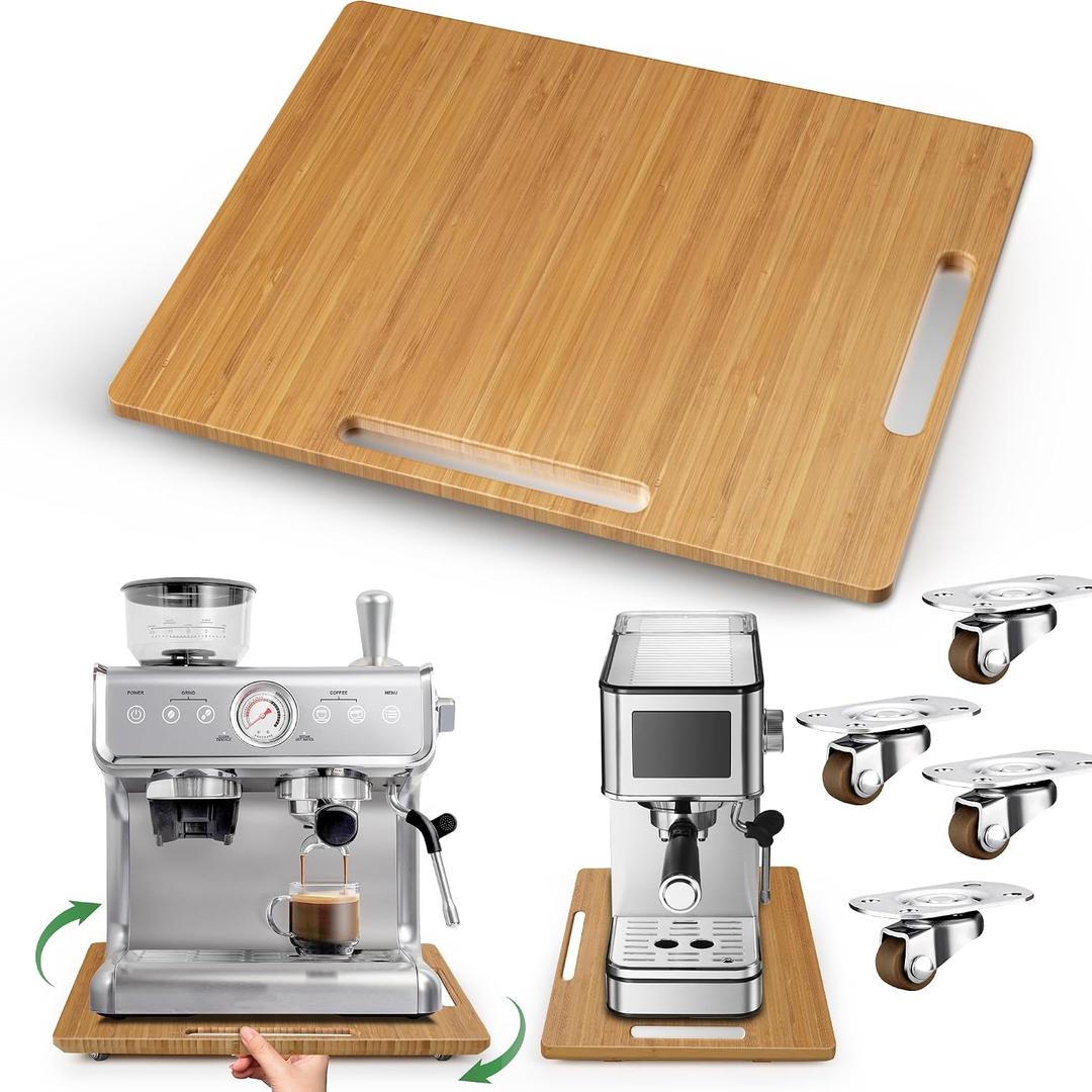 Joy&Grace Appliance Slider for Kitchen Appliances 360 Rolling Sliding Tray for Coffee Maker Countertop, Bamboo Coffee Pot Slider Rolling Tray with Universal Rollers (Natural, Large 16"x13")