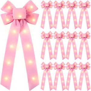 Crowye 12 Pcs Large LED Christmas Bows Lighted Xmas Velvet Bows Decoration Wreath LED Light Bow Christmas Tree Topper for Indoor Outdoor Xmas Winter Decoration(8 x 19 Inches,Pink)