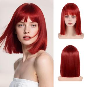 Red Bob Wig with Bangs Short Red Straight Wig for Women Heat Resistant Synthetic Wig Colorful Bob Wigs for Grils Daily Party Halloween Cosplay Use 13inch