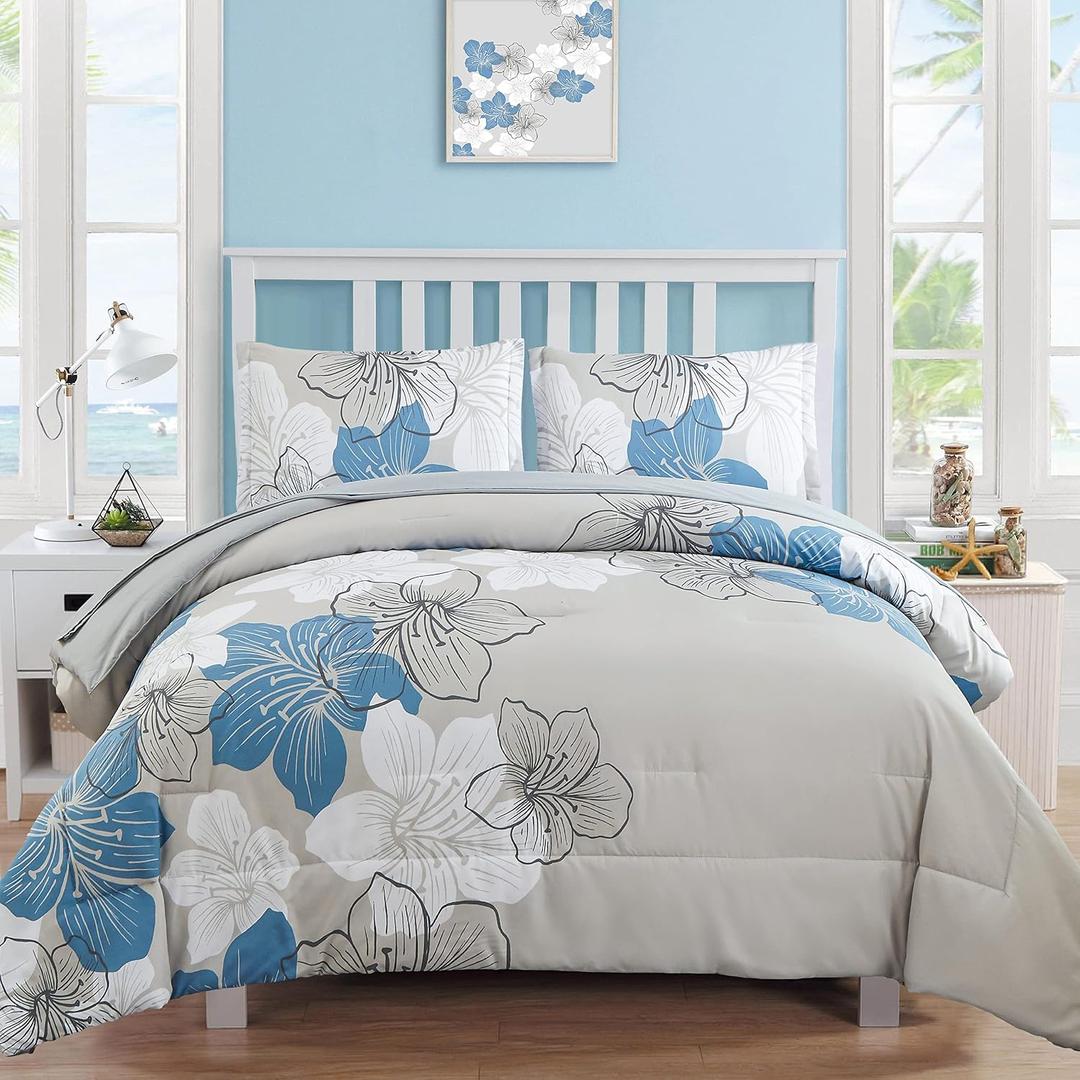 Luxudecor Blue Comforter Set King Size, 7 Pieces Bed in a Bag Blue Floral Comforter and Sheet Set, Soft Microfiber Grey Complete Bedding Sets for All Seasons