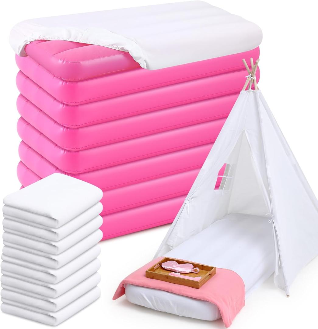Windyun 8 Sets Kids Air Mattress Bulk with Fitted Sheet,Toddler Inflatable Bed 63 x 27 x 8 Inches Blow up Airbed Camping Sleeping Pad for Aged 3-10 Years Old Birthdays Slumber Sleepover Party (White)