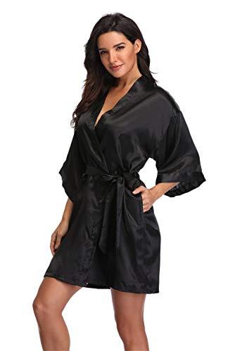 Women's Short Satin Kimono Bride Bridesmaid Wedding Robes,Black XXL/XXXL