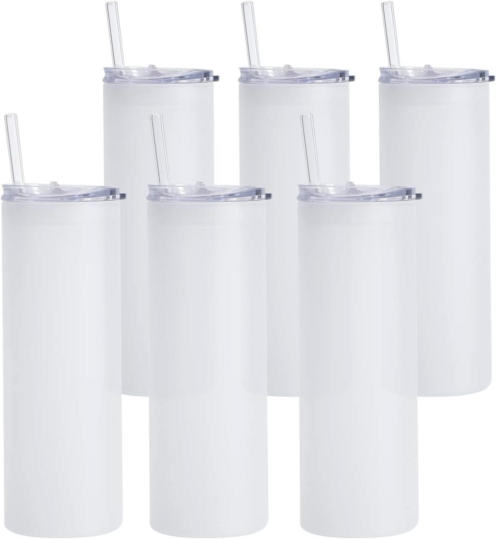 PYD Life Sublimation Glass Blanks Skinny Tumblers Frosted 25 OZ Straight Iced Coffee Cups with Lid and Glass Straw for Tumbler Heat Press Sublimation Printing 6 Pack