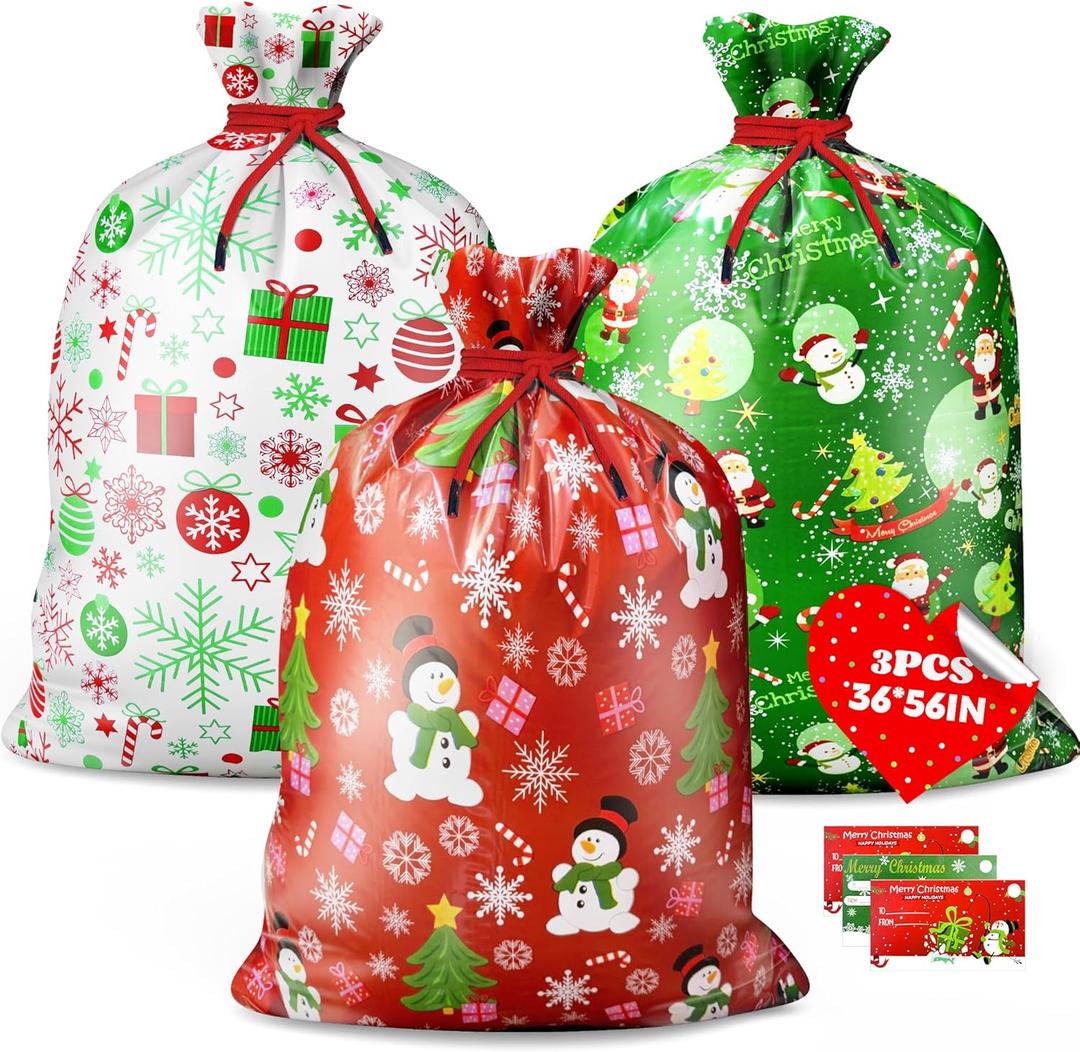 Wyegey Jumbo Gift Bags, Giant Size 36x56 inch, 3pcs with Tags & Tie, Heavy-Duty Plastic Xmas Bags (B-Extra Large)
