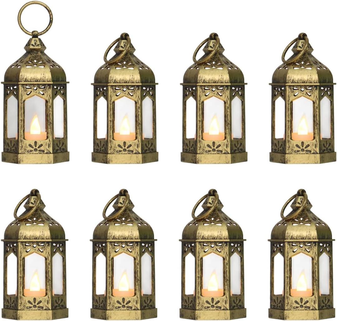 8Pcs 5-inch Mini Lanterns Centerpieces for Table, Baby Shower Decorations, Vintage Small Lantern for Halloween Decorations, Party Lights for Enchanted Forest Decorations, Wedding Decor, Brushed Brass