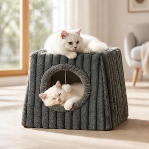 Cat Beds for Indoor, Large Cat House with Fluffy Balls and Scratch Pads, Machine Wash Cat Cave Apartment, Suitable for Multiple Cats, Small Kitten Bed (Deep Grey, Large)