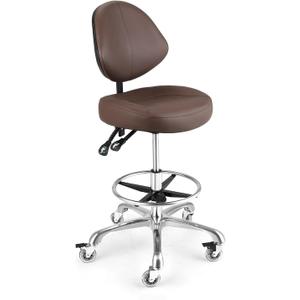 Rolling Drafting Chair with Back Support - Tall Office Chair for Standing Desk Adjustable Foot Ring Swivel Rolling Stools for Workshop Art Studio Salon Shop Counter Home Office (Brown)