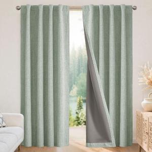 Joydeco Blackout Curtains for Bedroom - 100% Light Blocking 2 Panels Sage Green Drapes 37" W x 63" L, Thermal Insulated Room Darkening Curtains, Linen Textured for Living Room, Rod Pocket & Back Tabs
