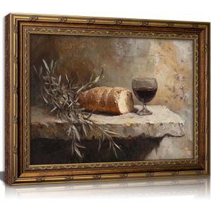 Vintage Gold Framed Still Life Wall Art, Christian Kitchen Communion Painting Canvas Prints, Bread Wine Olive Branch Religion Wall Decor, Classic Rustic Food Artwork for Living Room Kitchen Dining Room, 16x24in