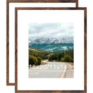 Wood 16x20 Picture Frame with 11x14 Mat, Display 11x14 with Mat or 16x20 Without Mat, Wood 16 by 20 Photo Frame, 16 x 20 Frame for Wall Hanging Display, Deep Brown, 2 Pack