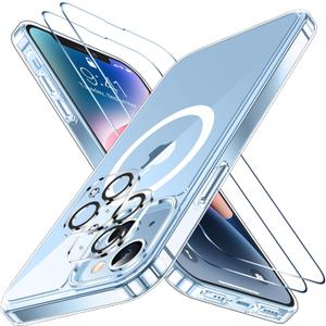2 x SPIDERCASE for iPhone 14 Case/iPhone 15 Case, [15 FT Military Grade Drop Protection] Magnetic [Crystal Clear] 2 Pack [Tempered Glass Screen Protectors+Camera Lens Protectors] Slim Case, Clear