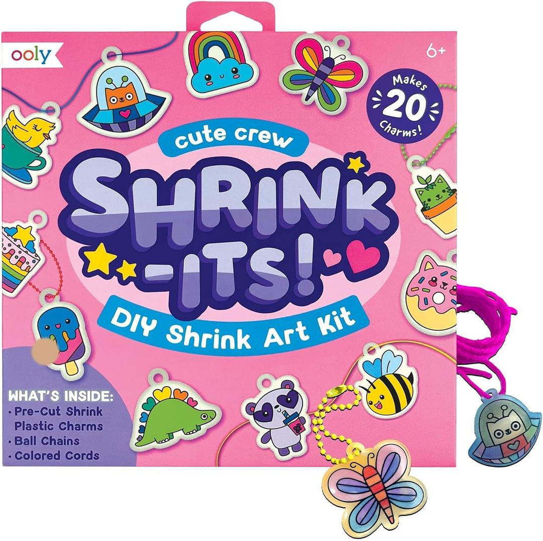 Ooly Shrink-Its 28 PC DIY Shrinking Art Kit That Creates Charms and Tags, Includes 20 Plastic Pre Cut Charms and More, No Mess Art for Kids, DIY Summer Crafts, Ideal Party Favor - Cute Crew