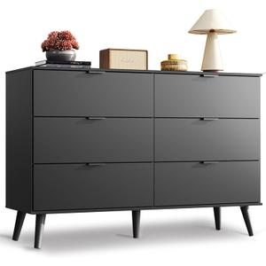 WLIVE Black Dresser for Bedroom, 47.24'' Wide 6 Drawer Wood Dresser Storage Organizer with Sturdy Metal Handle, TV Stand for 55 inch TV, Chest of Drawers for Living Room, Hallway, Closet