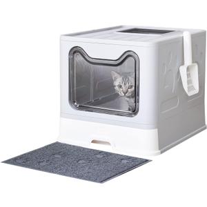 Cat Litter Box with Litter Mat and Scoop, Large Foldable Litter Box with Lid, Front Entry Top Exit Kitty Box, Odor Control, Easy to Clean (Grey)