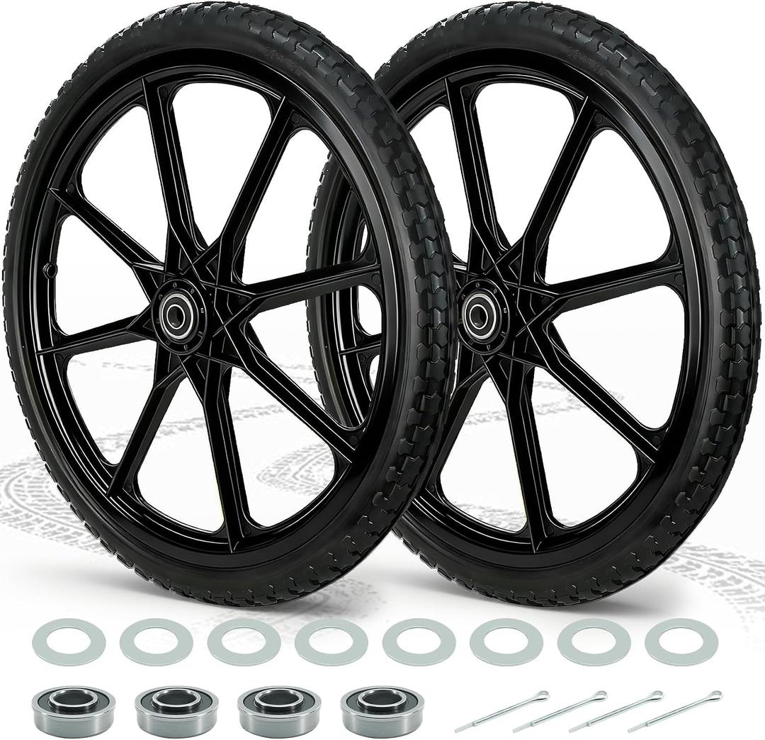 20 Flat Free Wheelbarrow Wheels and Tires, with 2.45 Centered Hub, 5/8 Extra 3/4Bearing, Compatible with Rubbermaid Wheelbarrow wheels, Garden Carts (2 pcs) (black)