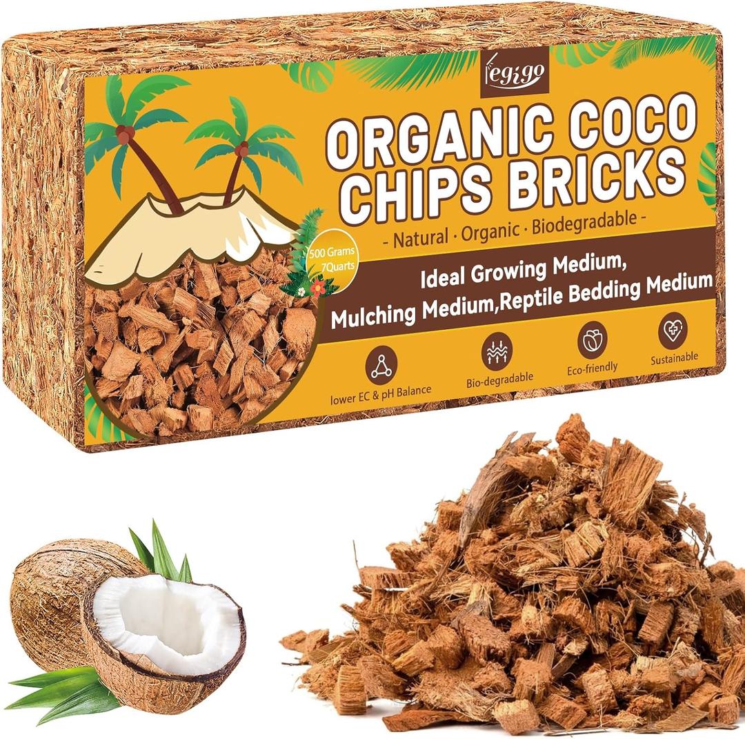 1.1 LB Coco Coir Chips for Plants- 100% Organic Coconut Chips Brick Potting Mix with Low EC & PH Balance, Coconut Husk Substrate Coco Husk Mulch for Garden, Planting, Orchid and Soil Mix