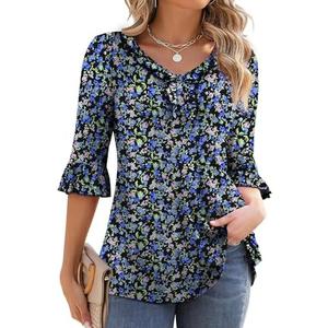 Tralilbee Women's Plus Size Tunic Tops 3/4 Roll Sleeve Shirts Lace Crochet V Neck Casual Blouses, 4X
