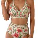 Herseas Womens High Waisted Bikini Sets 2 Piece V Neck Floral Print Sporty Swim Suits 2026 Modest Full Coverage Long Torso Bathing Suits Casual Beach Vacation Essentials Pink Lily X-Small