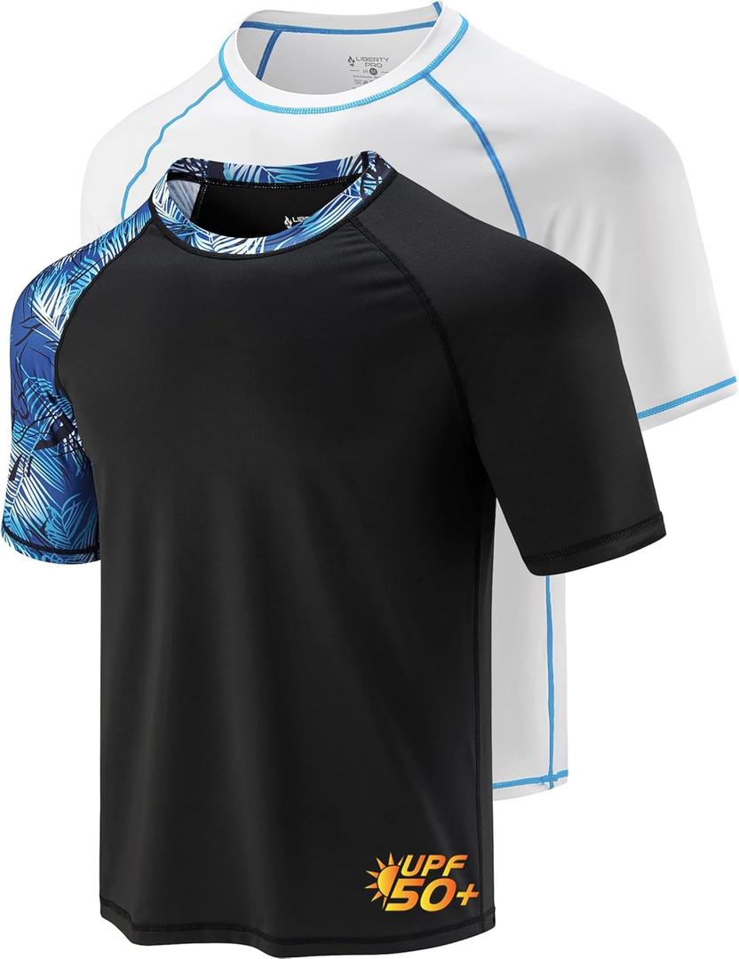 2-Pack Men's UV Short Sleeve Swim Shirts Loose Fit Rash Guards (3X-Large, White/Printed Black) 2-Pack Men's UV Short Sleeve Swim Shirts Loose Fit Rash Guards (3X-Large, White/Printed Black)