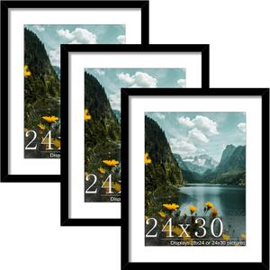 Picrit 24x30 Picture Frame 3 Pack, Black Poster Frame, Display Poster 18 x 24 with Mat or 24x30 without Mat for Horizontal or Vertical Wall Mounting