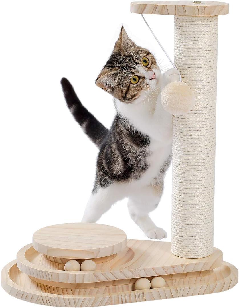 Made4Pets Cat Scratching Post Cat Scratcher Kitten Toys for Indoor Cats Wooden Ball Track Two-Layer Modern Sisal 17.7" Tall Scratch Post Interactive Toy with Dangling Ball (17.7"H)