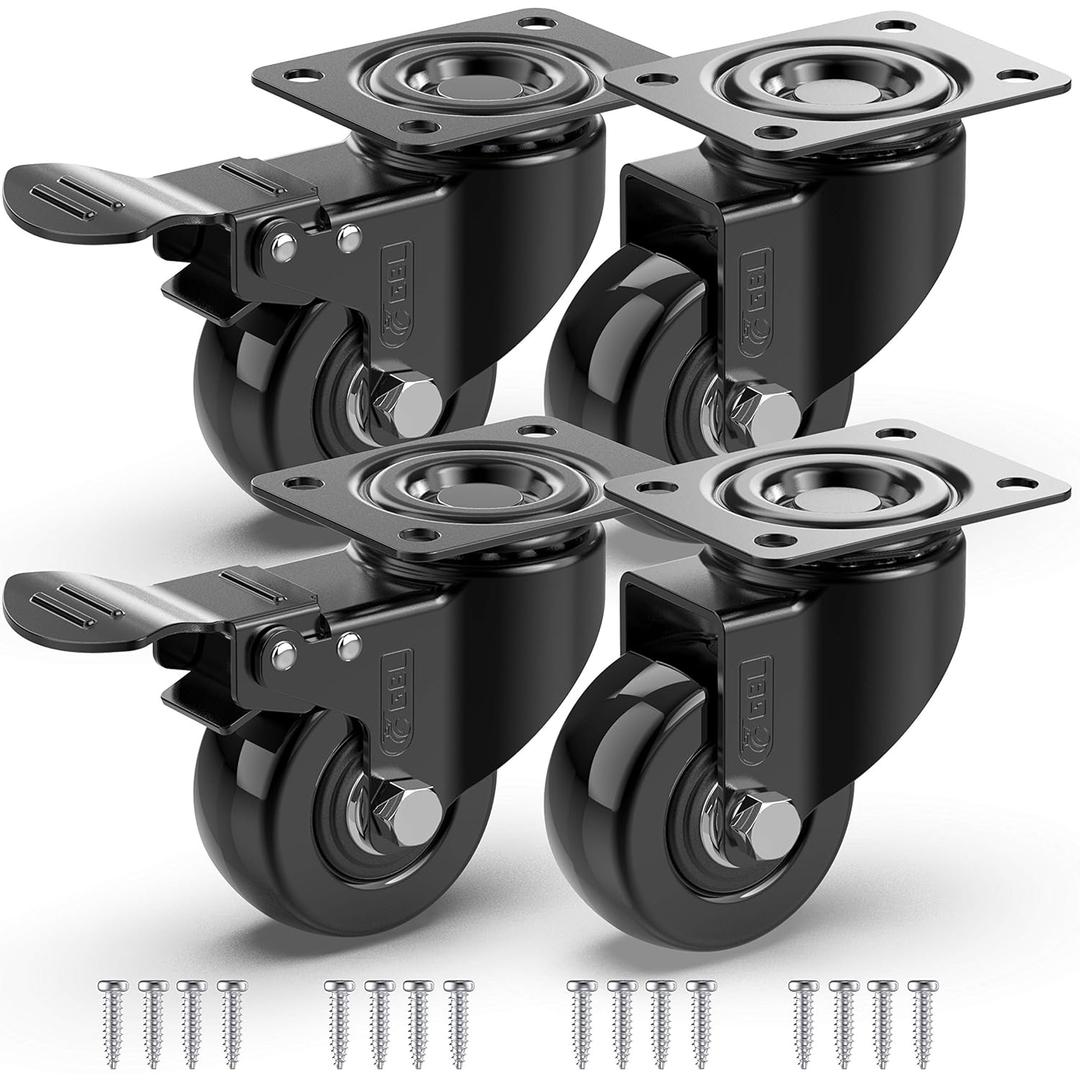 GBL Heavy Duty Castor Wheels Set of 4 with Brakes + Screws - 50mm - 200 kg Load - No Floor Marks Caster Wheel for Moving Furniture - Rubbered Swivel Trolley Wheels for Trolley