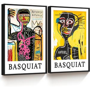 Framed Basquiat Wall Art, Jean Michel Basquiat Graffiti Wall Art, Abstract Wall Art Decor Canvas Poster for Living Room Bedroom Bathroom Decorations (16" x 24")