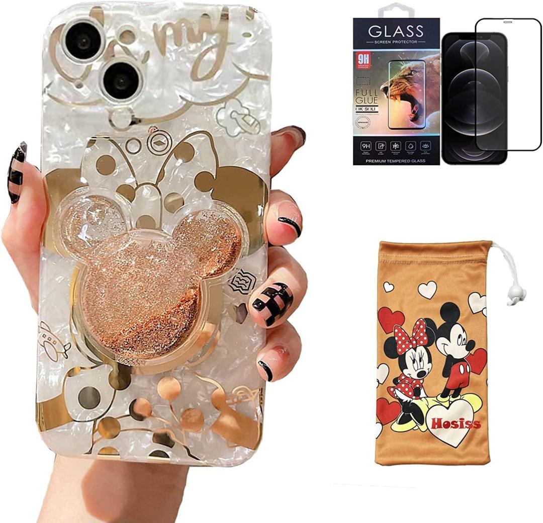 Cartoon Case for iPhone 14 Plus 6.7" with HD Screen Protector, Minnie Mouse with Quicksand Cell Phone Holder Strap Soft TPU Shockproof Protective for Girls Women