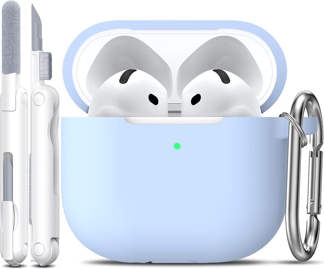 R-fun for AirPods 4 Case with Cleaner Kit,Full Protective Soft Skin Silicone Cover with Keychain for AirPods 4 Gen Case for Men Women,Compatible with Apple AirPods 4th Genaration Case 2024,Sky Blue
