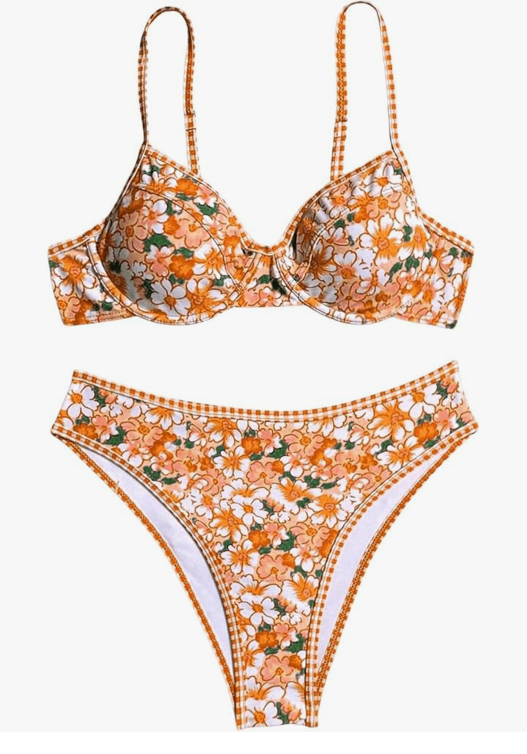 SweatyRocks Women's Bikini Sets Plaid Floral Print High Waisted Bathing Suit Swimwear Size M