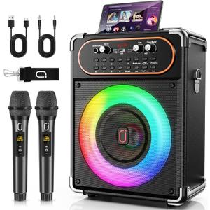 Karaoke Machine, Portable Bluetooth 5.3 Speaker with 2 Wireless Microphones for Adults, PA System with Echo Adjustment, Support TWS/TF Card/USB/AUX/TVs Connected