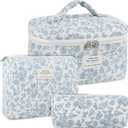 Anfly Makeup Bag, Quilted Cosmetic Bags, Large Floral Make Up Bag for Women, Cute Cotton Makeup Bag 3PC Set, Travel Toiletry Bag (Blue)