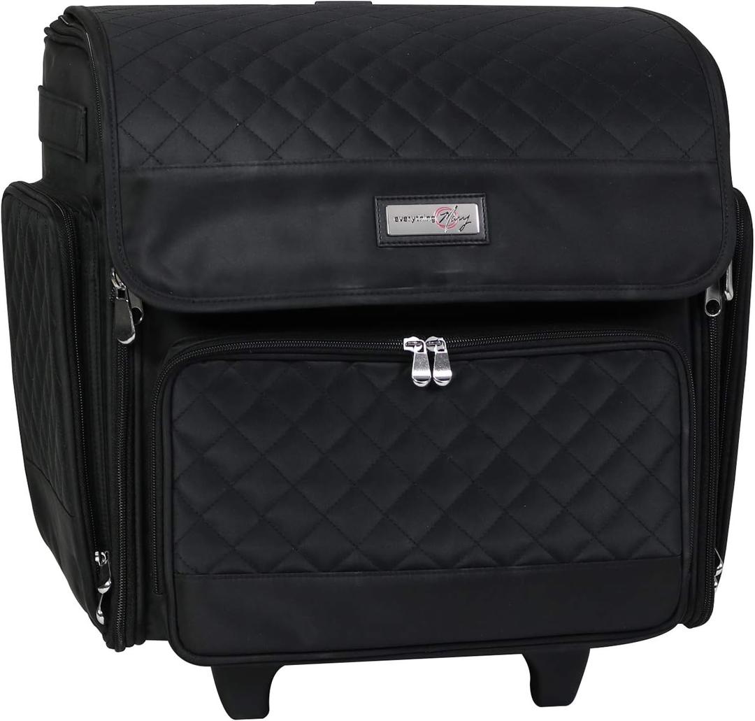 Everything Mary Deluxe Rolling Craft Bag with Wheels Collapsible Black Quilted Scrapbook Tote for Art & Sewing Mobile Storage for Crafters, Teachers, Nurses Stylish & Durable Organizer, 
14.5 x 9 x 13.5 inches