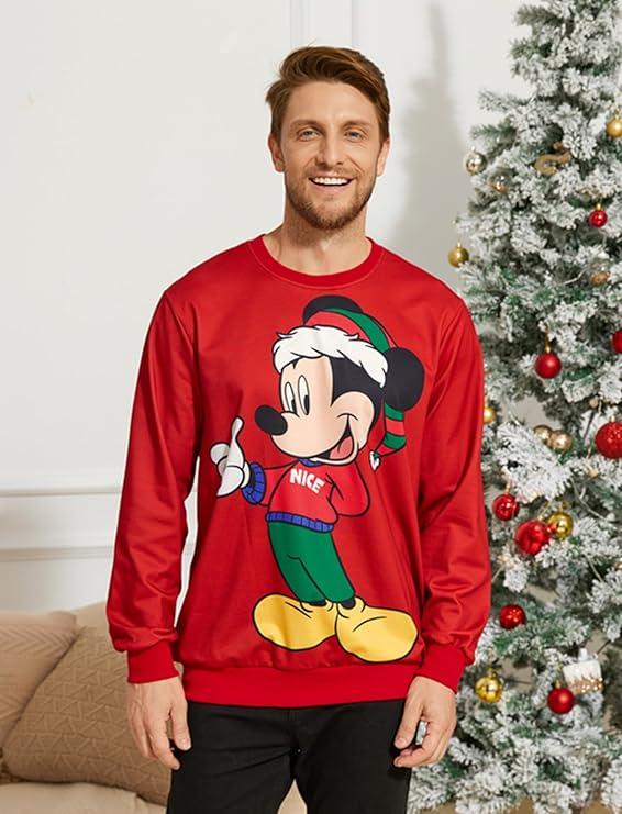Disney family matching sweatshirt Stitch Mickey Spiderman print long sleeve winter Christmas mom dad kids loose fit red Size L