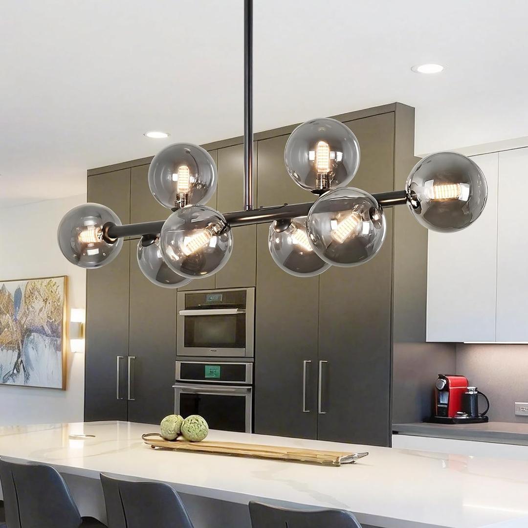 37" Black Linear Chandelier Smoked Globe Dining Room Light Fixture