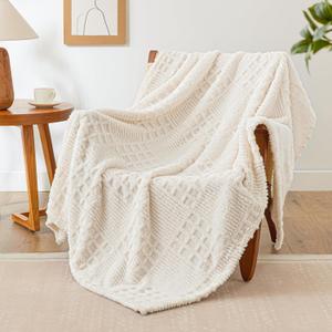 EXQ Home Fleece Throw Blanket for Couch or Bed - 3D Waffle Patchwork Pattern Jacquard Decorative Blankets - Cozy Soft Lightweight Fuzzy Flannel Blanket Suitable for All Seasons (50"60",Beige)