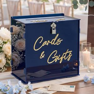 BreezeHug Navy Blue Acrylic Wedding Card Box with Slot and Lock, Money Gift Box with DIY Letters Cards Gifts/Thank You Letters, Baby Shower Graduation Birthday Party (Medium)