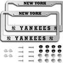 2Piece Silver License Plate Frames for Yankees, Rustproof Aluminum Alloy NY License Plate Frames US Standard License Plate Holder with Screw Caps Set