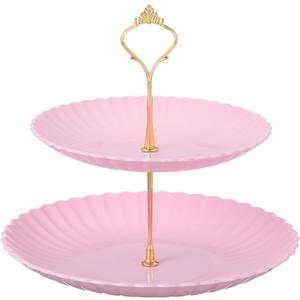 uxcell 2-Tier Cupcake Stand Holder, Round Tiered Serving Tray 20/25cm Cup Cake Stand for Birthday Party Decor, Pink (Lines)