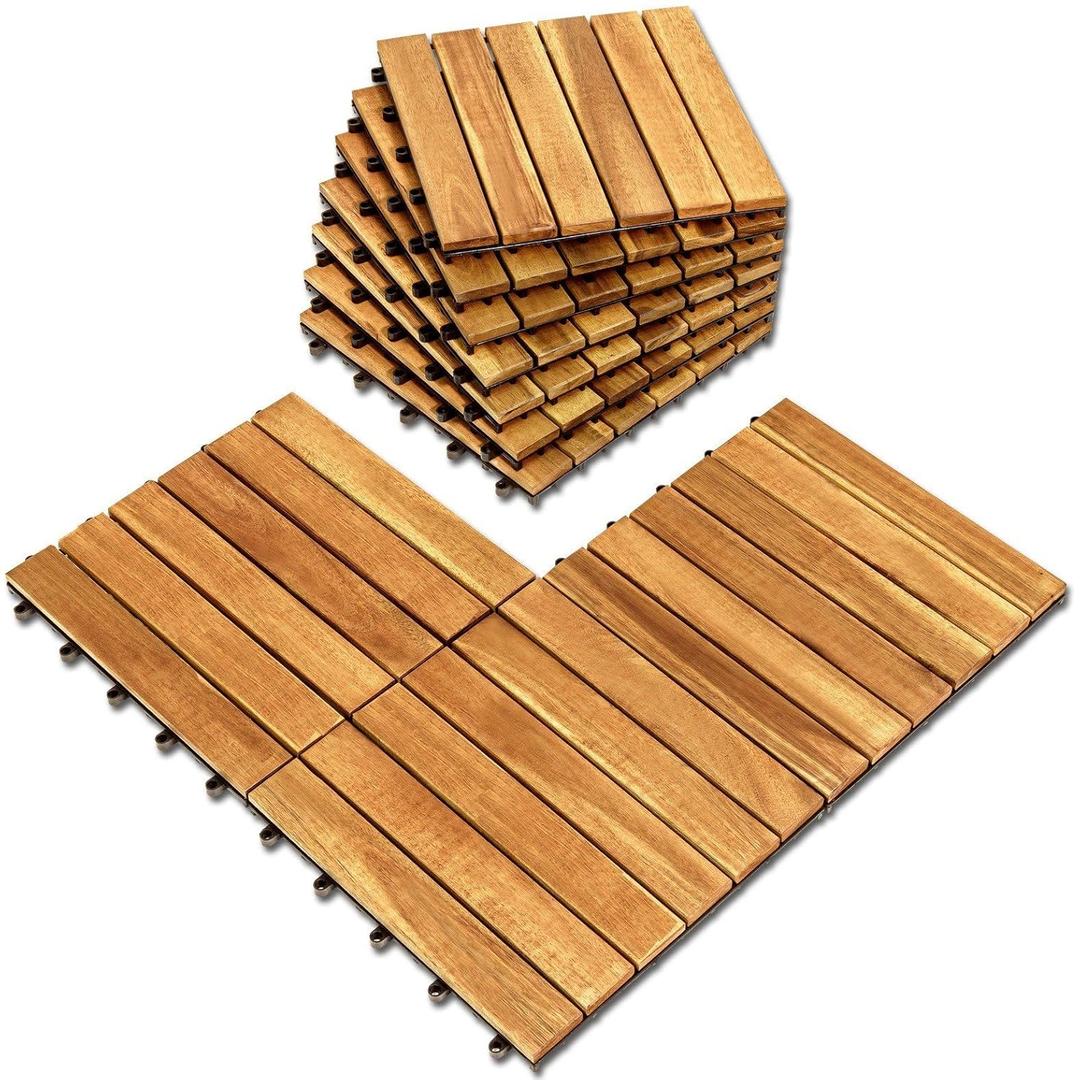 Interlocking Patio Deck Tile (Pack of 10, 12"x12") Acacia Hardwood Deck Tile in Solid Acacia Wooden Oiled Finish Waterproof All Weather Perfect for Indoor Outdoor(Golden Teak Color) (10pcs)