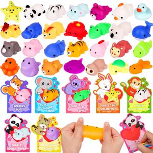 NAWITDA 28 Pack Valentines Day Cards for Kids Classroom, Kawaii Mochi Squishies Fidget Toys with Valentines Cards, Classroom Gift Exchange, School Party Favors for Boys Girls
