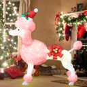 35" Christmas Poodle Dog Decoration with Lights,3D Pink Dog Lighted-up Outdoor Indoor Christmas Decoration,Cute Hairy Puppy with Red Christmas Hat Indoor Porch Outdoor Yard Holiday Decor