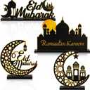 4 Pcs Eid Al Adha Wooden Table Centerpieces Moon and Star Ramadan Wood Sign Eid Mubarak Tabletop Decor Islamic Mosque Muslim Al Fitr Black Gold Detachable Tiered Tray Decor for Home
