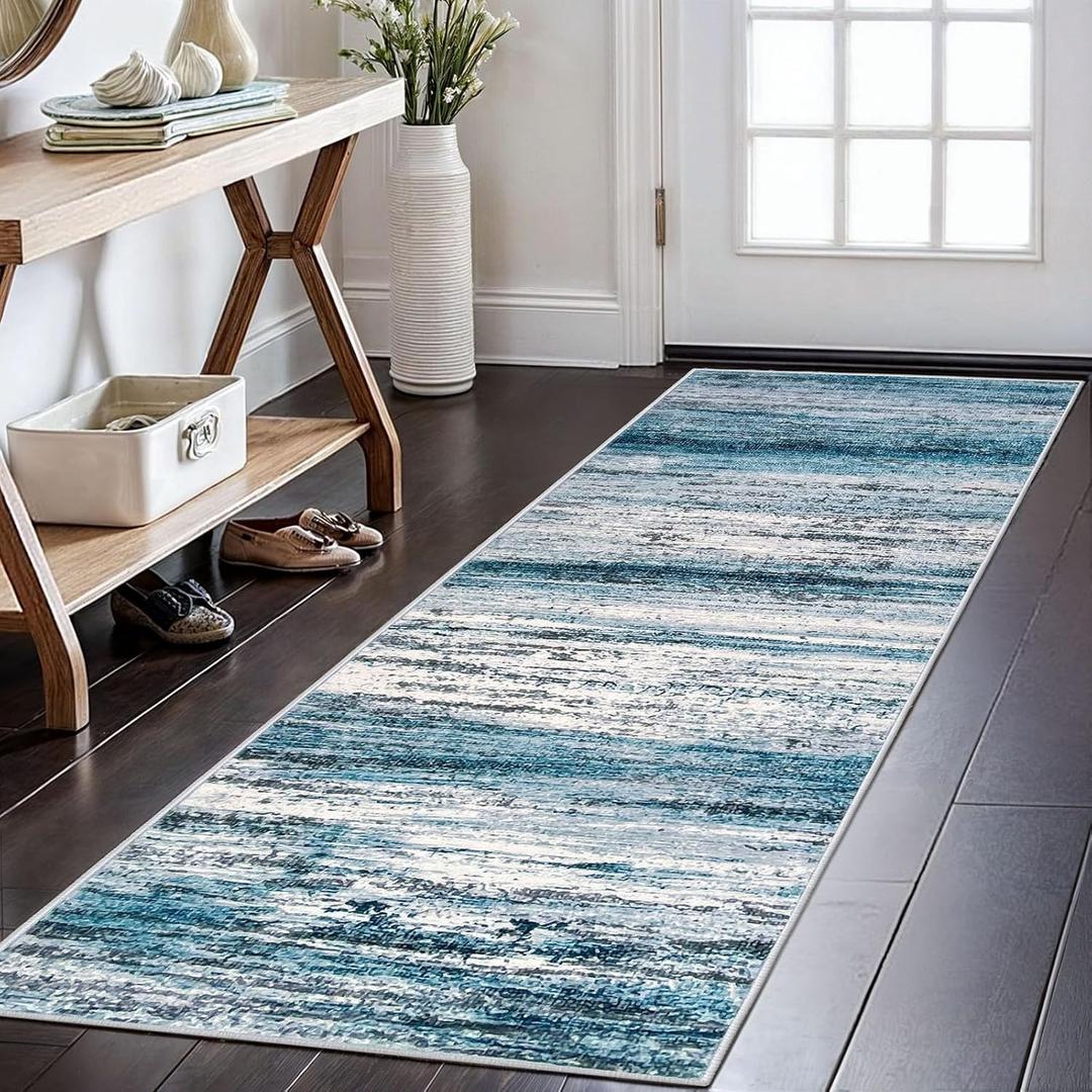 KOZYFLY Modern Abstract Hallway Runner Rug, 2x6 Washable Rug Runner Non-Slip Soft Striped Kitchen Runner Rugs, Print Blue Carpet Runner for Entryway Bathroom Laundry Room Foyer