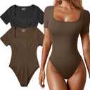 OQQ Women's 3 Piece Bodysuits Sexy Ribbed One Piece Square Neck Short Sleeve Bodysuits (Black Beige)